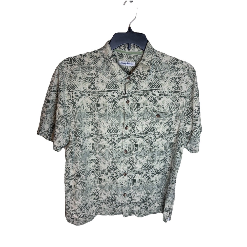 Tommy Bahama Mens Short Sleeve Button Up Floral Shirt Size XL White & Green Silk